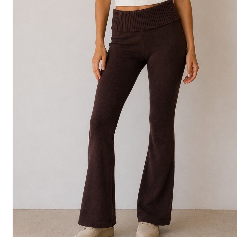 Urban Weekend Knit Fold Over Waist Flare Lounge Pants‎ Earthy Dark Academia Chic